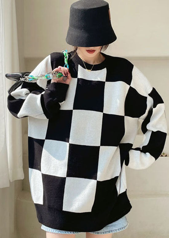 Fitted Black Thick Plaid Knit Sweaters Winter