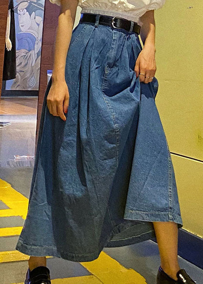 Fitted Blue High Waist Pockets Patchwork a Line Fall Denim Skirts