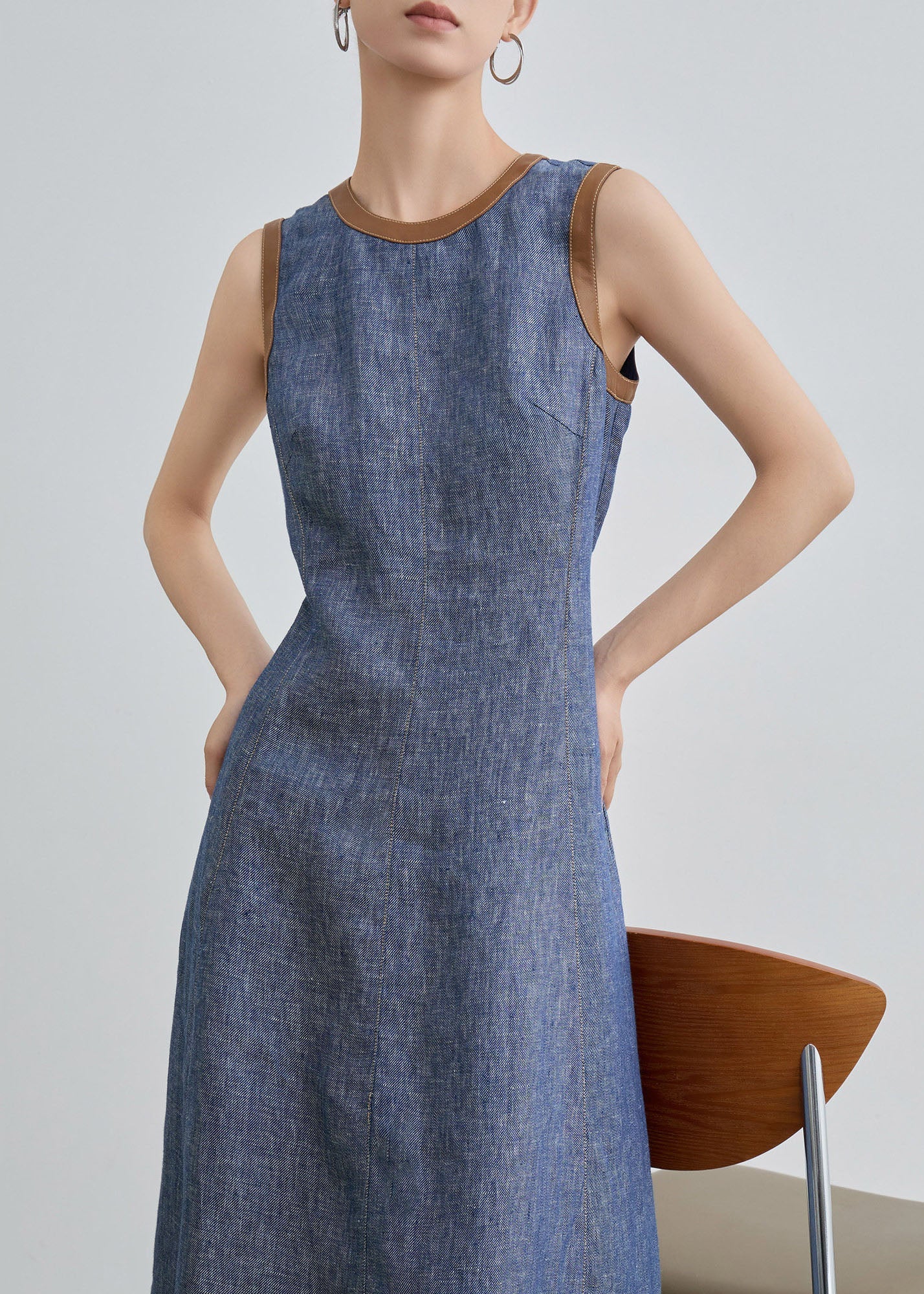 Fitted Blue O Neck Patchwork Denim Long Dress Sleeveless