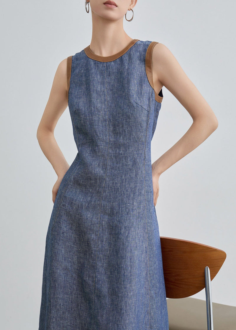 Fitted Blue O Neck Patchwork Denim Long Dress Sleeveless