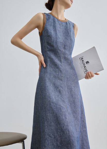 Fitted Blue O Neck Patchwork Denim Long Dress Sleeveless