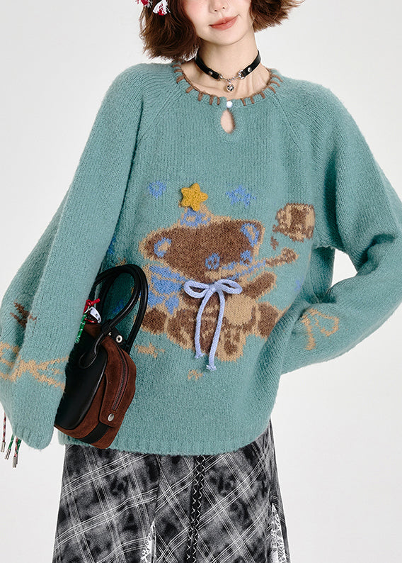 Fitted Blue Oversized Bear Knit Sweater Tops Winter