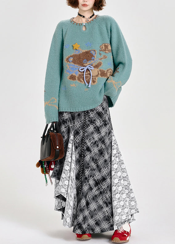 Fitted Blue Oversized Bear Knit Sweater Tops Winter