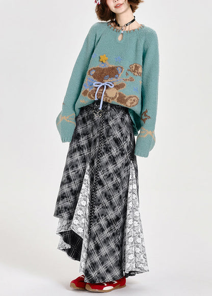 Fitted Blue Oversized Bear Knit Sweater Tops Winter