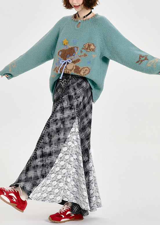 Fitted Blue Oversized Bear Knit Sweater Tops Winter
