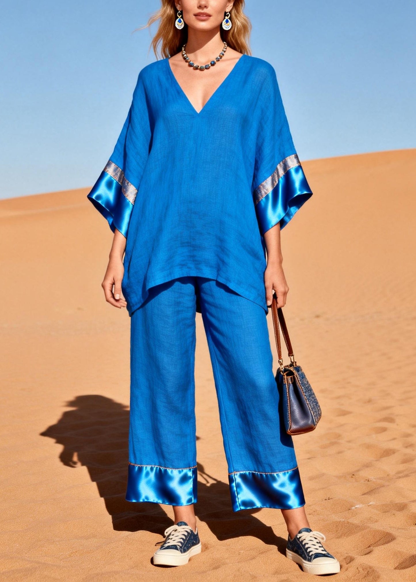 Fitted Blue Oversized Patchwork Silk Cotton Two Piece Set Clothing