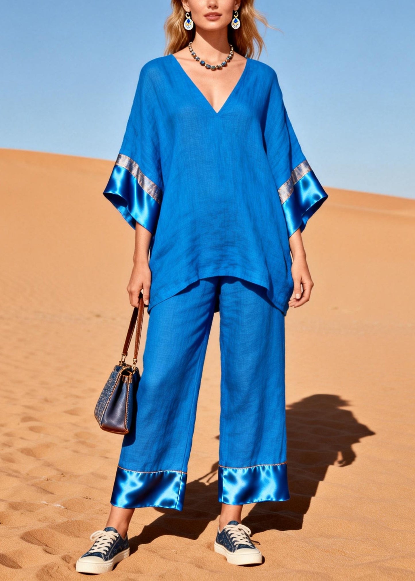 Fitted Blue Oversized Patchwork Silk Cotton Two Piece Set Clothing