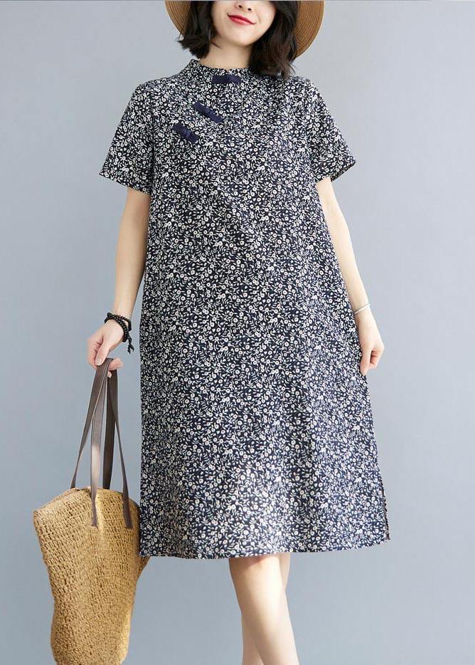 Fitted Blue Print Cotton Side Open Summer Long Dresses