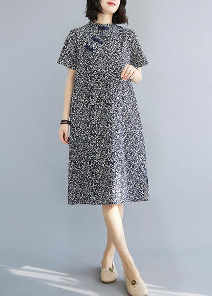 Fitted Blue Print Cotton Side Open Summer Long Dresses