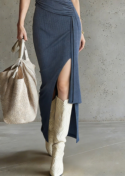 Fitted Blue U Neck Asymmetrical Wrinkled Maxi Dress Sleeveless