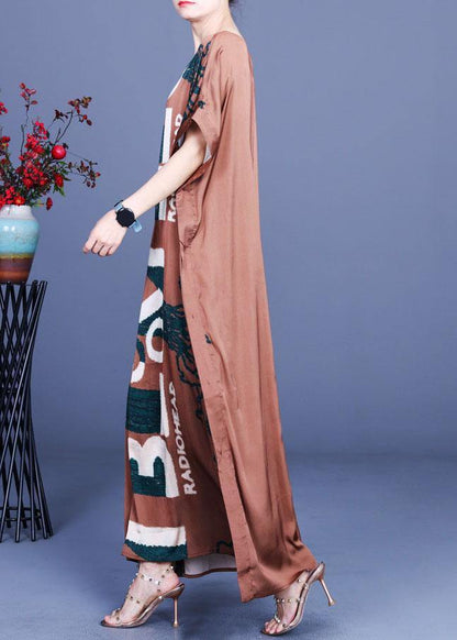 Fitted Chocolate Print Side Open Silk Summer Maxi Dresses