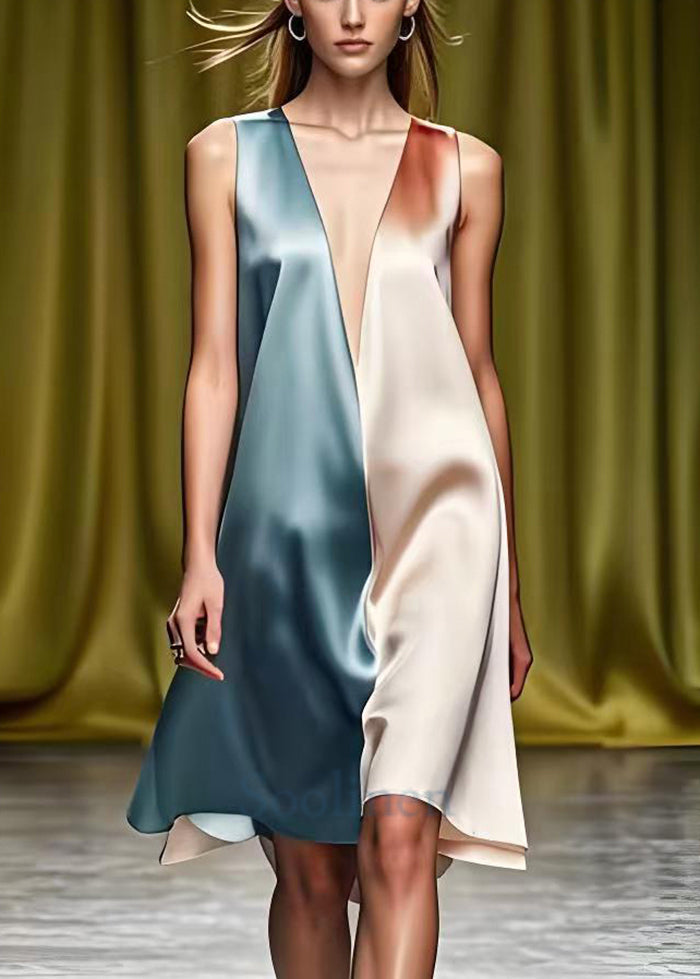 Fitted Colorblock Deep-v Neck Patchwork Silk Mid Dress Summer