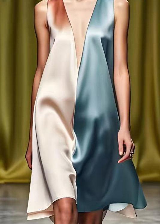 Fitted Colorblock Deep-v Neck Patchwork Silk Mid Dress Summer