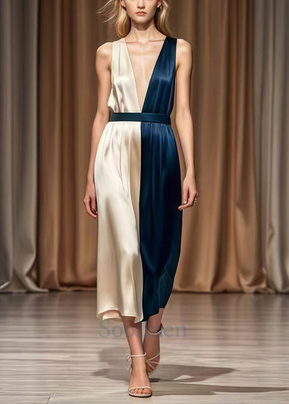 Fitted Colorblock Deep-v Neck Patchwork Silk Robe Dresses Summer