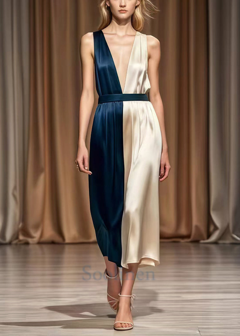 Fitted Colorblock Deep-v Neck Patchwork Silk Robe Dresses Summer