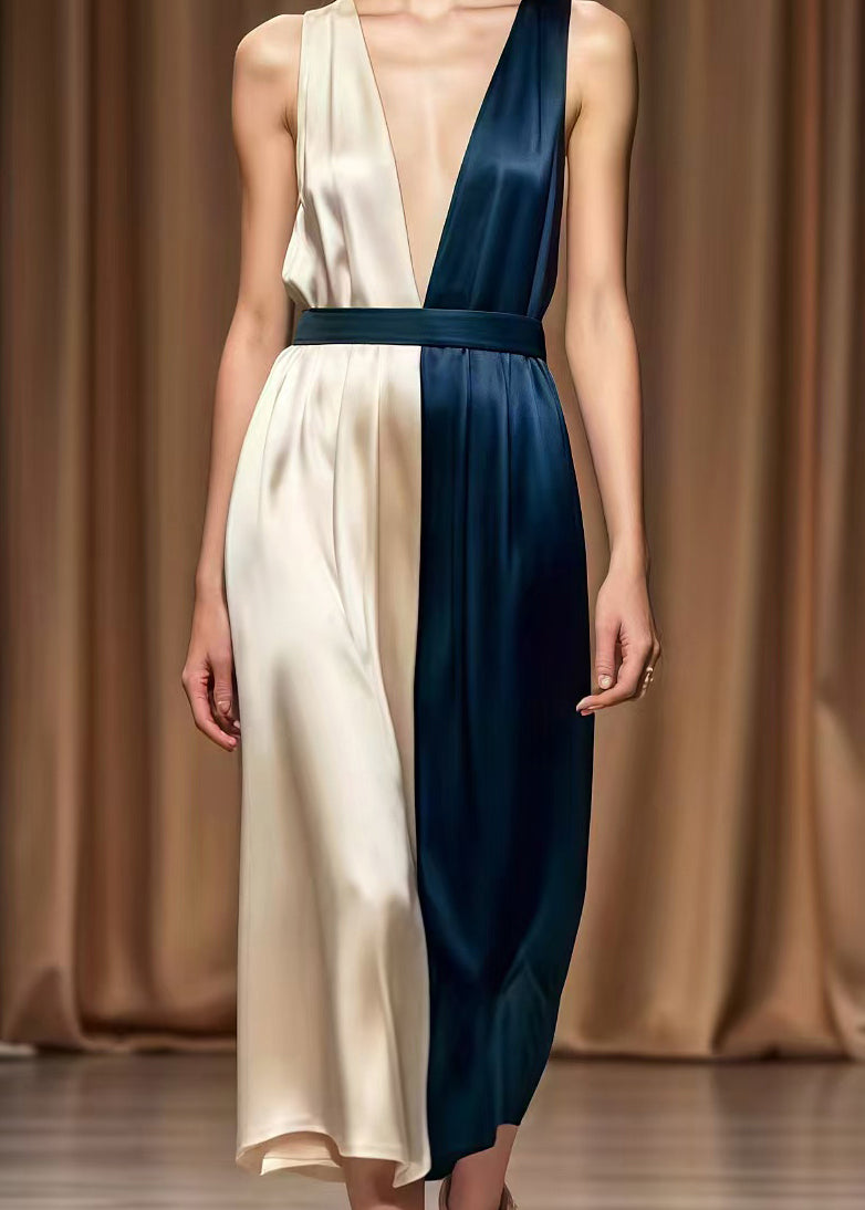 Fitted Colorblock Deep-v Neck Patchwork Silk Robe Dresses Summer
