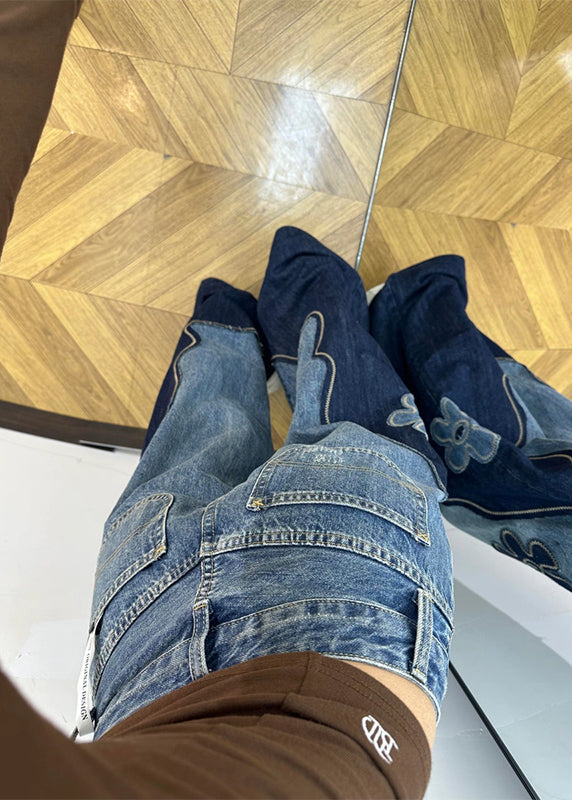 Fitted Colorblock Embroidered Denim Straight Pants Spring