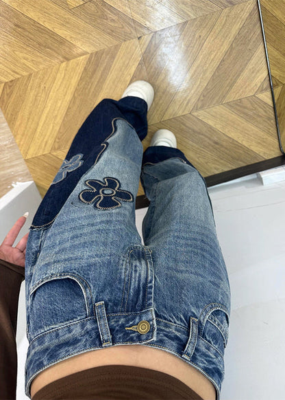 Fitted Colorblock Embroidered Denim Straight Pants Spring