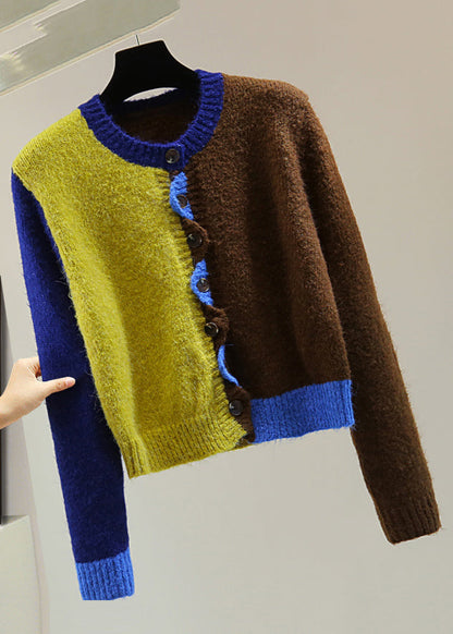 Fitted Colorblock Ruffled Button Thick Cotton Knit Sweater Winter