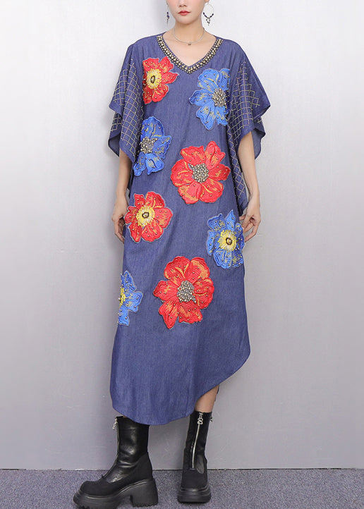Fitted Denim Blue Nail Bead Maxi Dresses Batwing Sleeve
