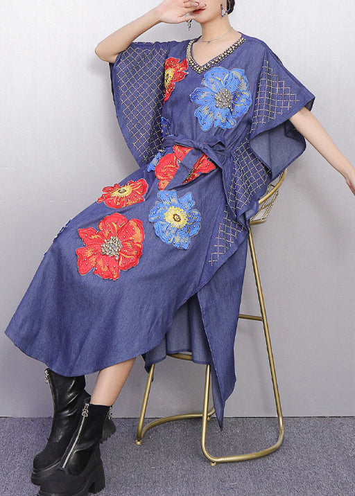 Fitted Denim Blue Nail Bead Maxi Dresses Batwing Sleeve