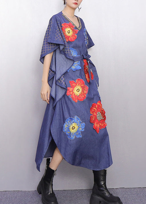 Fitted Denim Blue Nail Bead Maxi Dresses Batwing Sleeve