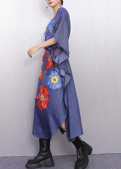 Fitted Denim Blue Nail Bead Maxi Dresses Batwing Sleeve