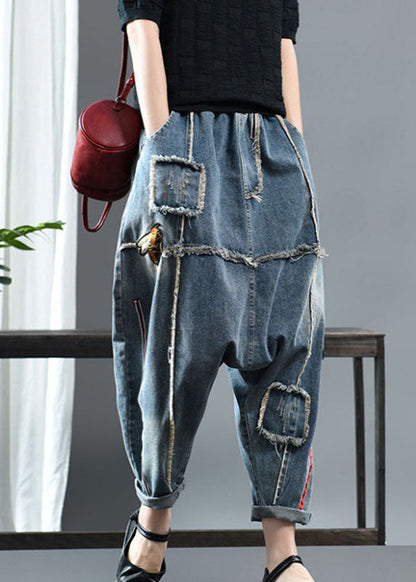 Fitted Denim Blue Patchwork Print Fall Pants