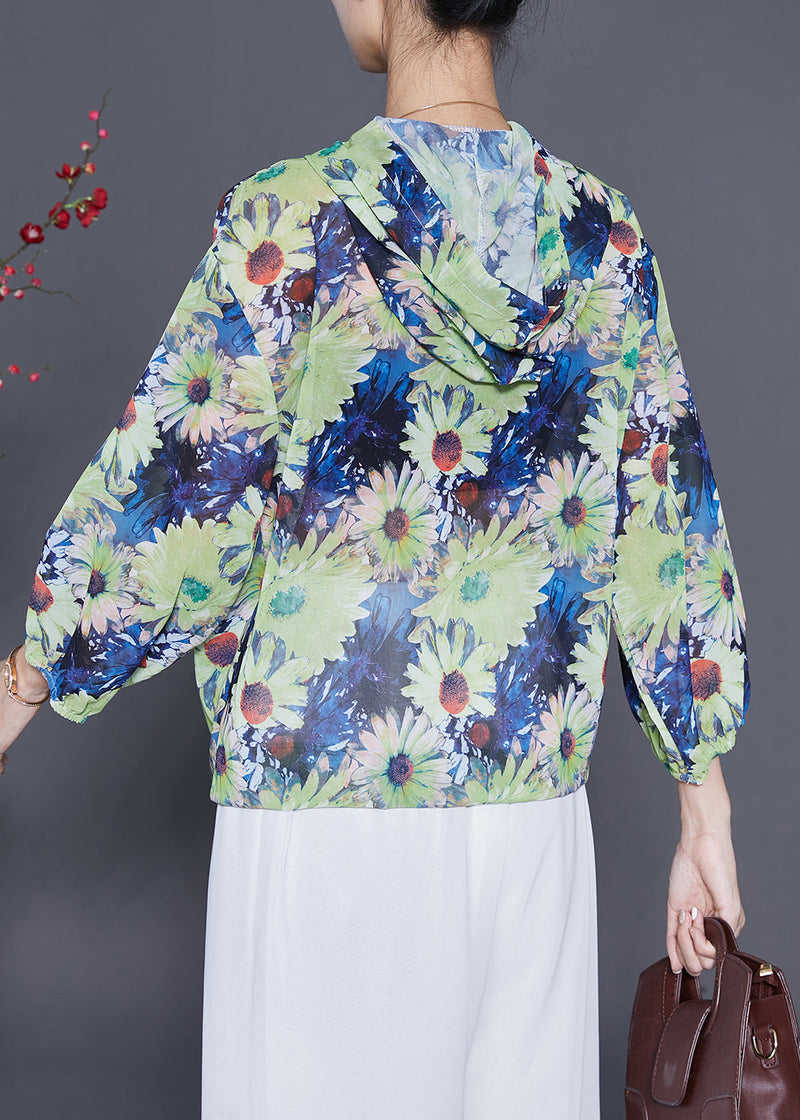 Fitted Green Hooded Chiffon Blouses Bracelet Sleeve