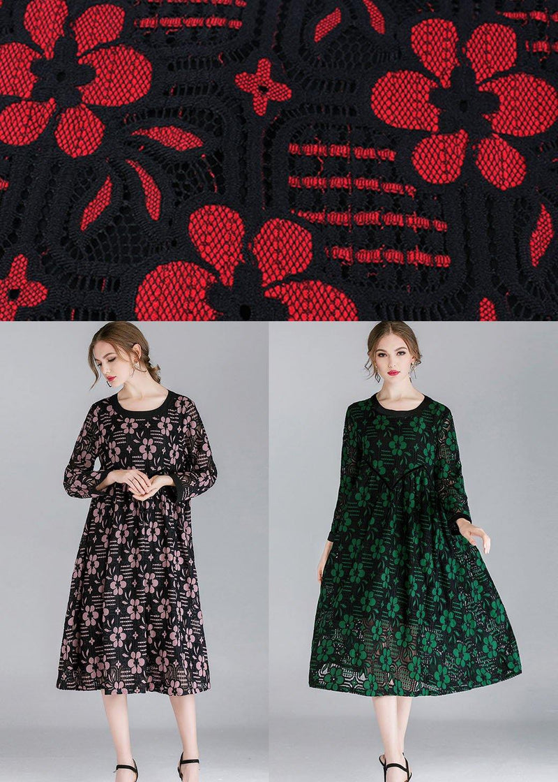 Fitted Green Hollow Out Jacquard Spring Long Sleeve Mid Dress