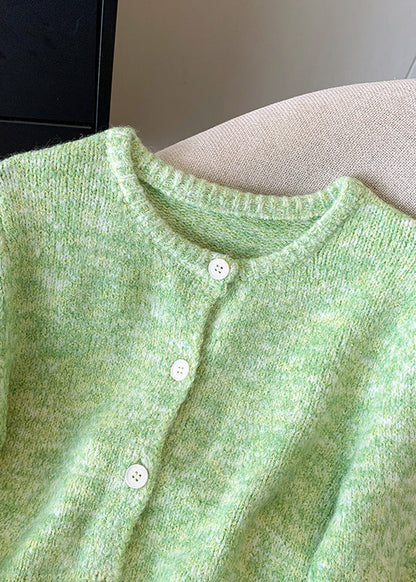 Fitted Green O-neck Button Cozy Cotton Knit Cardigan Spring