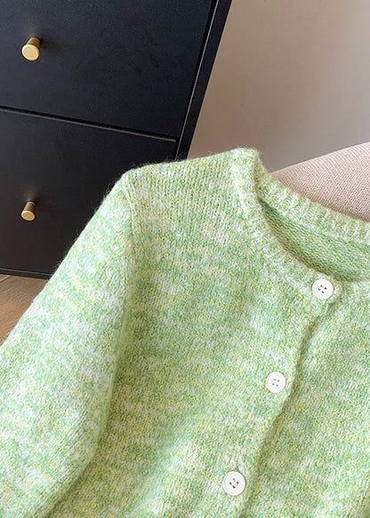 Fitted Green O-neck Button Cozy Cotton Knit Cardigan Spring