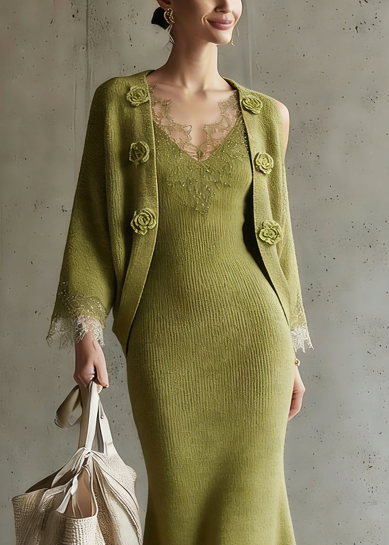Fitted Green V Neck Sequins Cotton Knit Cardigans and Maxi Skirts Two Pieces Set Three Quarter Sleeve