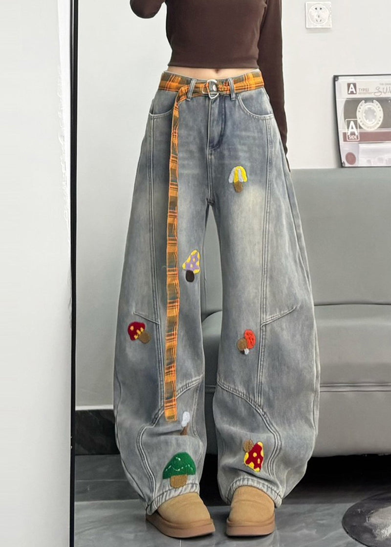 Fitted Grey Embroidered Patchwork Denimwarm Fleece Pants Winter