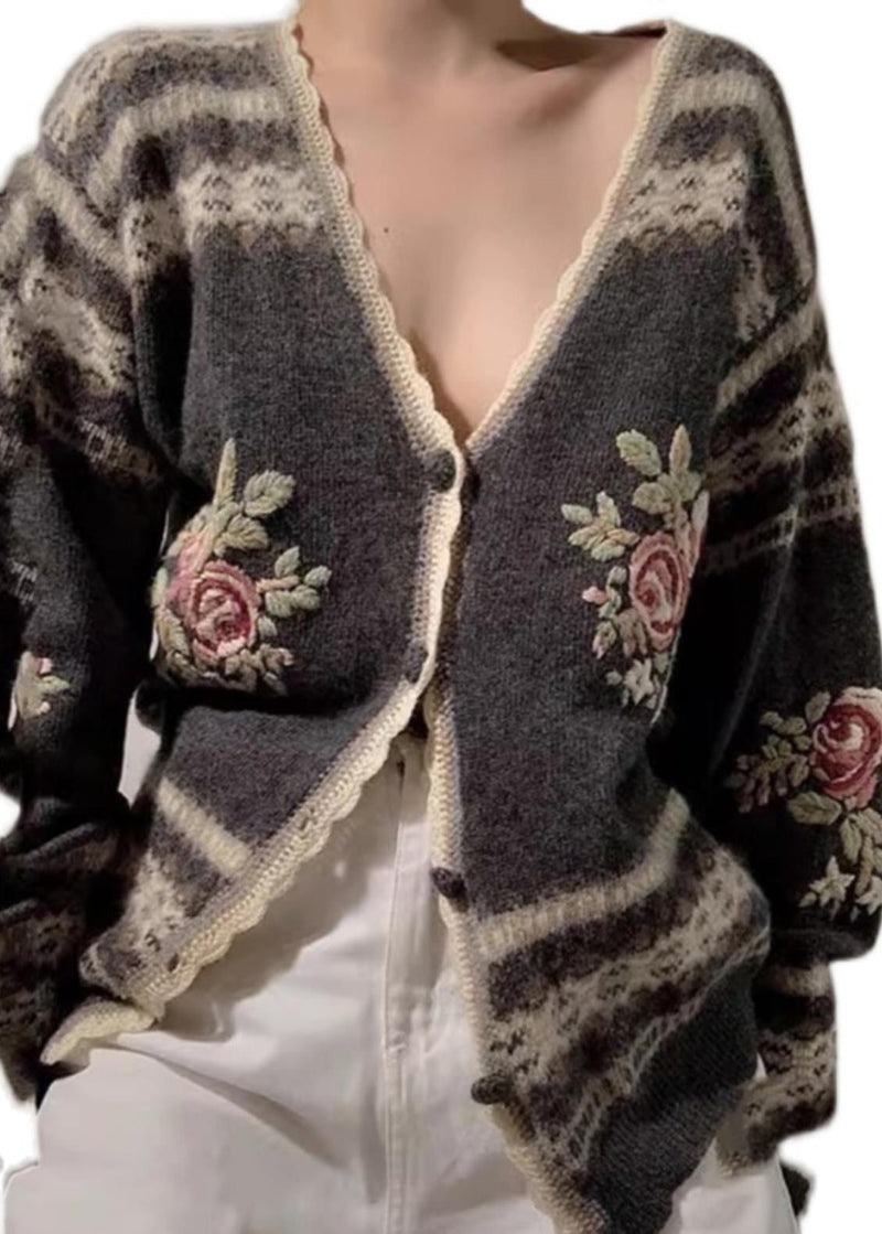 Fitted Grey Embroidered Knit Cardigans Spring