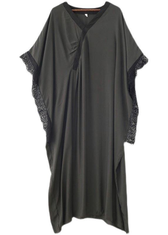 Fitted Grey Green V Neck Batwing Sleeve Vacation Dresses Summer Chiffon Dress