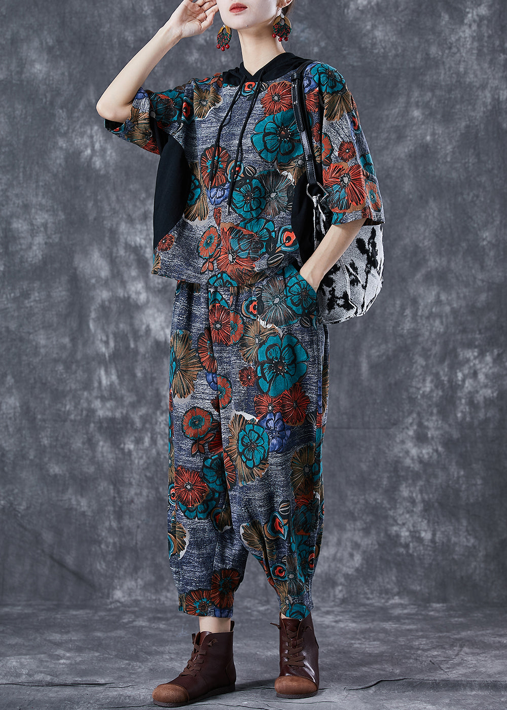 Fitted Grey Hooded Print Cotton Two Piece Set Summer