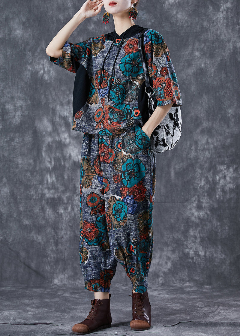 Fitted Grey Hooded Print Cotton Two Piece Set Summer