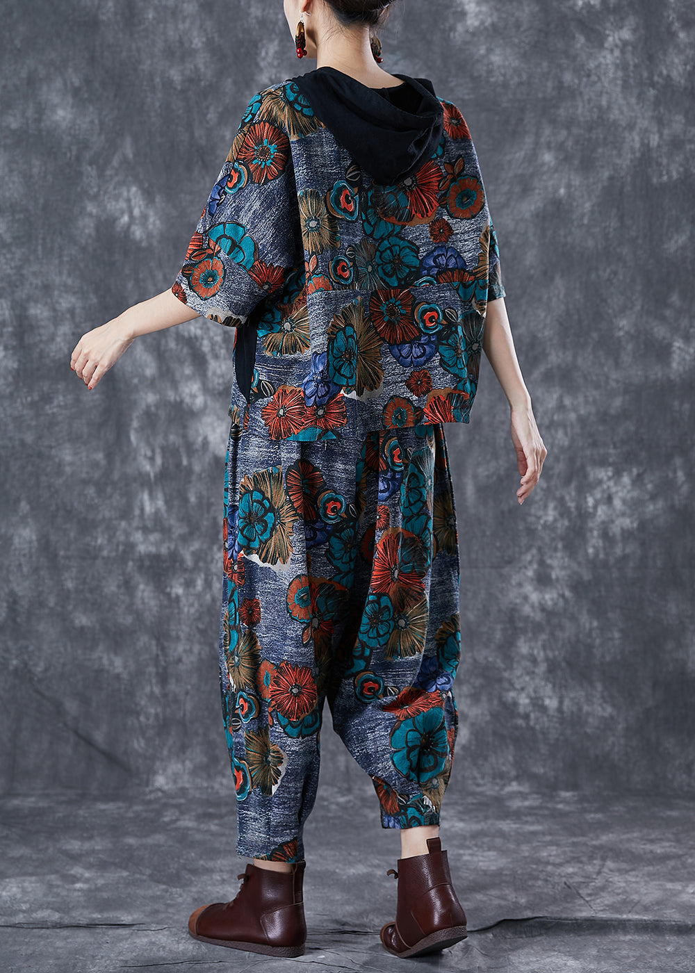 Fitted Grey Hooded Print Cotton Two Piece Set Summer