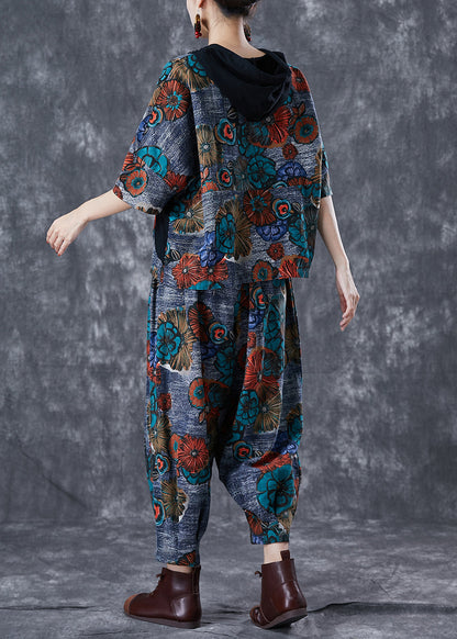 Fitted Grey Hooded Print Cotton Two Piece Set Summer