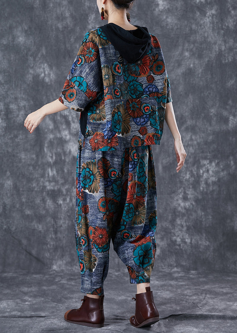 Fitted Grey Hooded Print Cotton Two Piece Set Summer