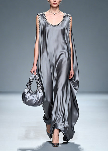 Fitted Grey Oversized Draping Silk Vacation Dresses Sleeveless