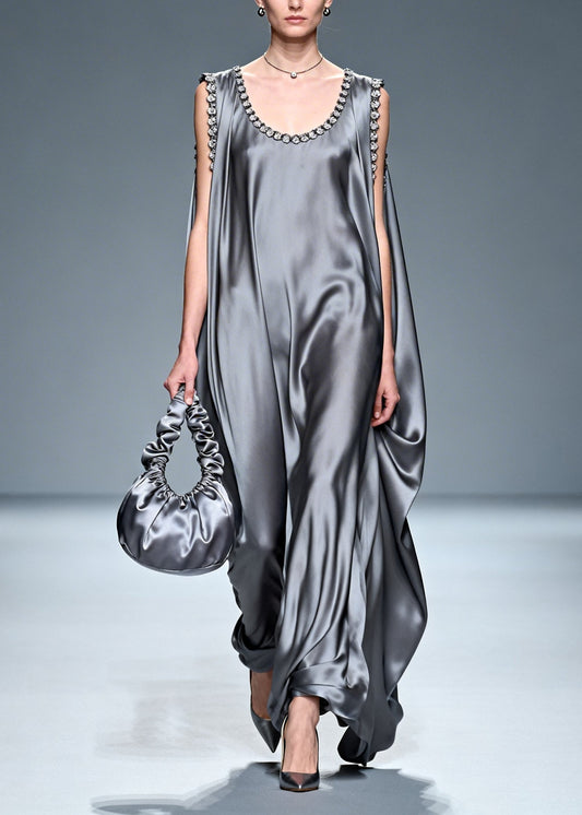 Fitted Grey Oversized Draping Silk Vacation Dresses Sleeveless