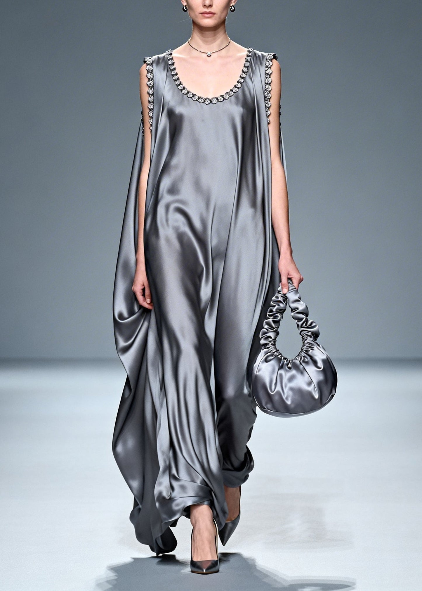 Fitted Grey Oversized Draping Silk Vacation Dresses Sleeveless