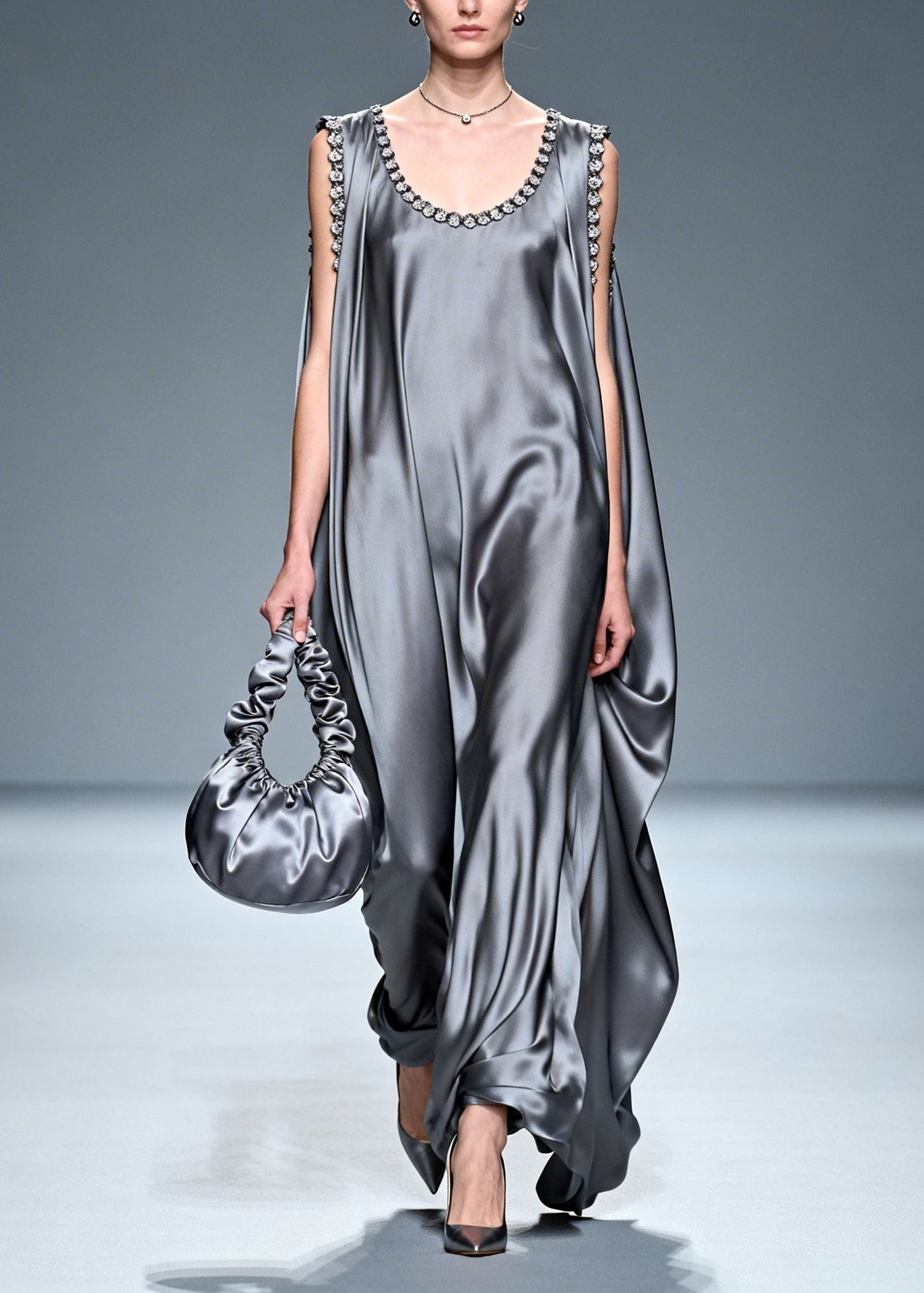 Fitted Grey Oversized Draping Silk Vacation Dresses Sleeveless