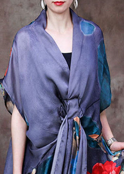 Fitted Grey V Neck Asymmetrical Print Silk Maxi Dresses Two Piece Set Clothing Short Sleeve
