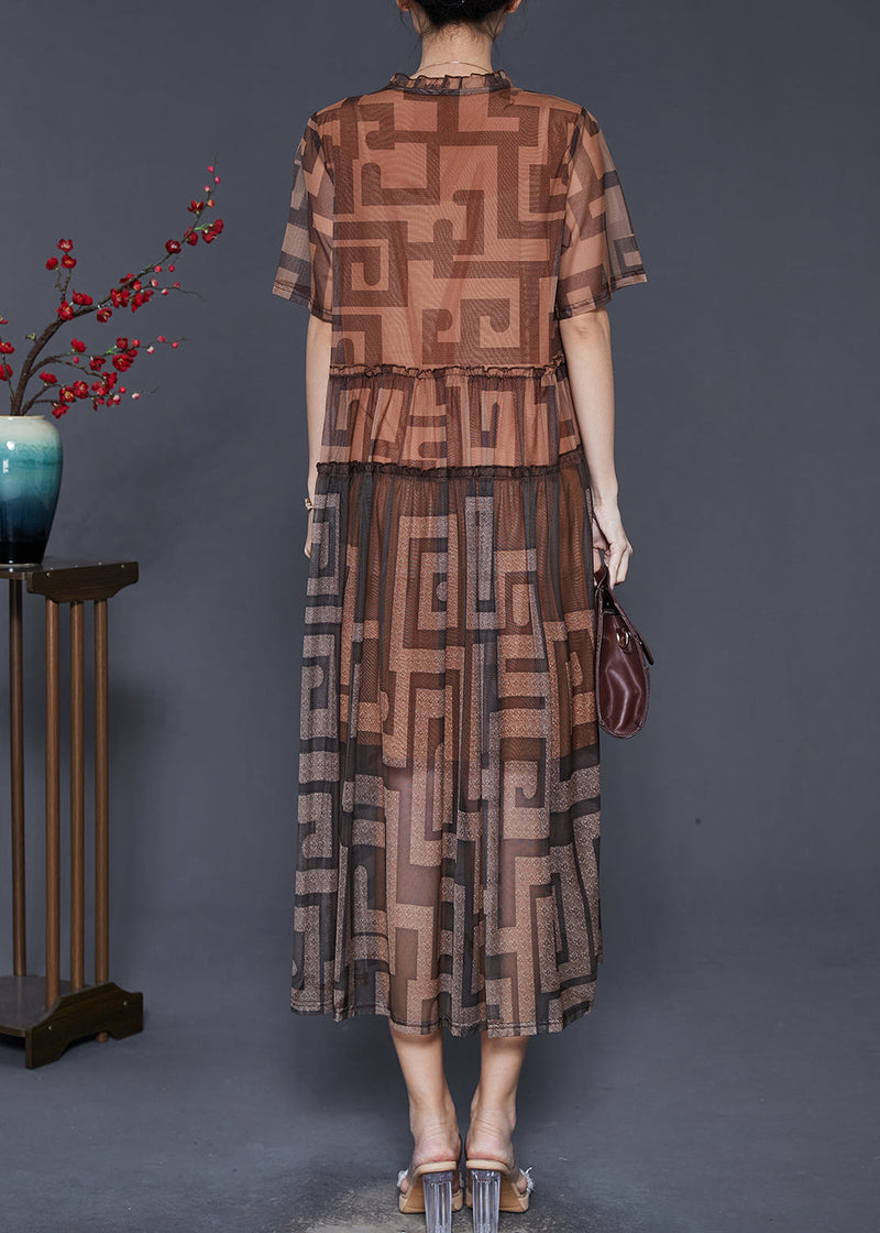 Fitted Khaki Ruffled Print Tulle Dress Summer