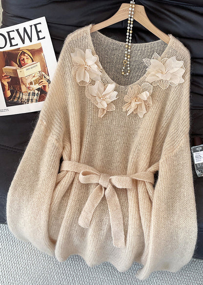 Fitted Khaki Tie Waist Decorated Knit Sweater Tops Fall