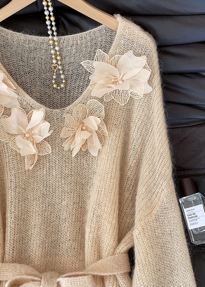 Fitted Khaki Tie Waist Decorated Knit Sweater Tops Fall