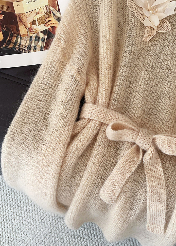 Fitted Khaki Tie Waist Decorated Knit Sweater Tops Fall